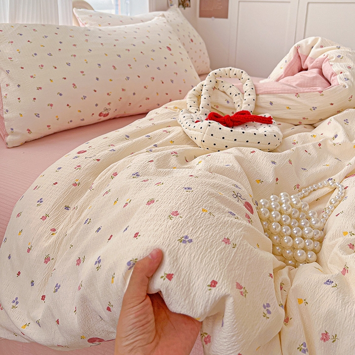 91家纺网 家纺一手货源 找家纺 一比一 2026新款云感皱皱双层纱四件套-简单款 恬趣-粉