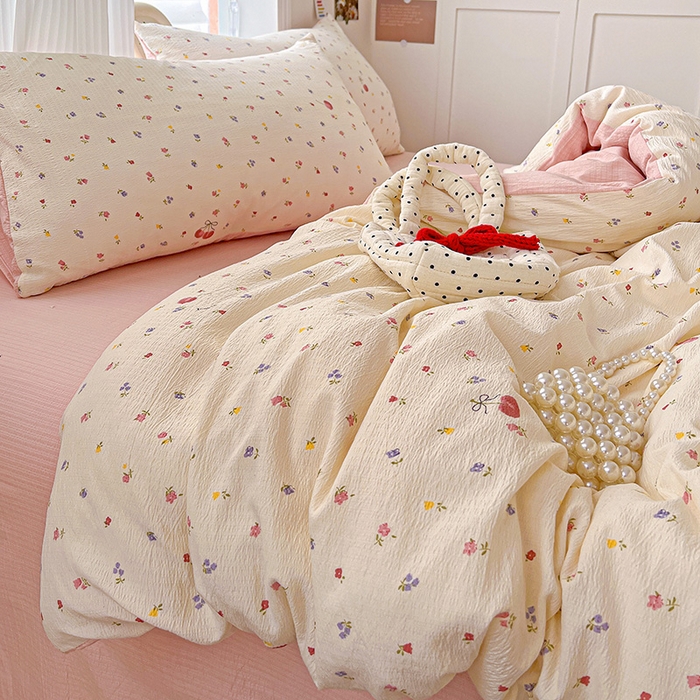 91家纺网 家纺一手货源 找家纺 一比一 2026新款云感皱皱双层纱四件套-简单款 恬趣-粉