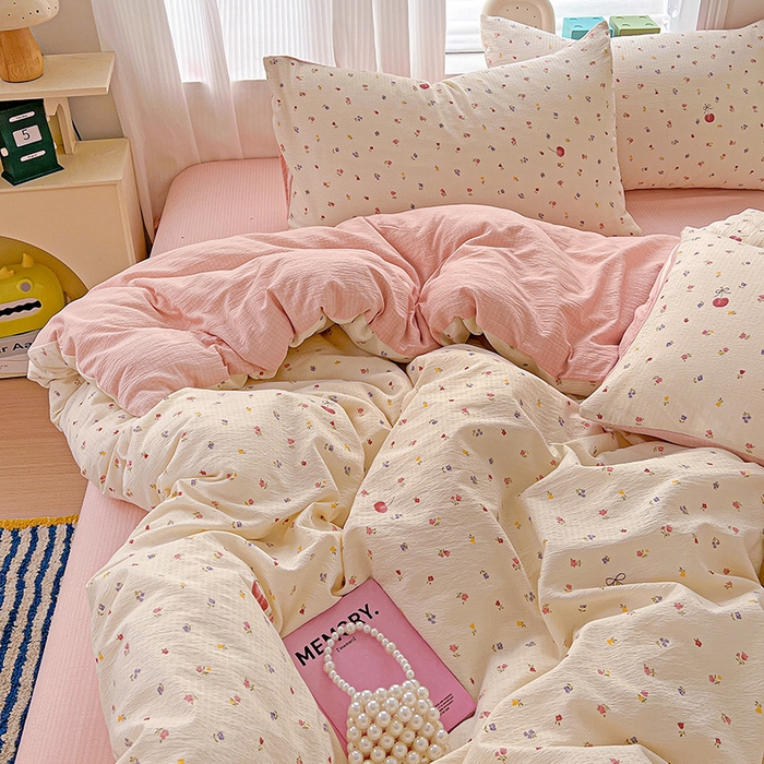 91家纺网 家纺一手货源 找家纺 一比一 2026新款云感皱皱双层纱四件套-简单款 恬趣-粉