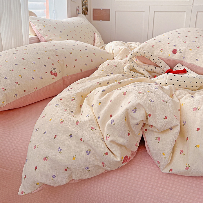 91家纺网 家纺一手货源 找家纺 一比一 2026新款云感皱皱双层纱四件套-简单款 恬趣-粉