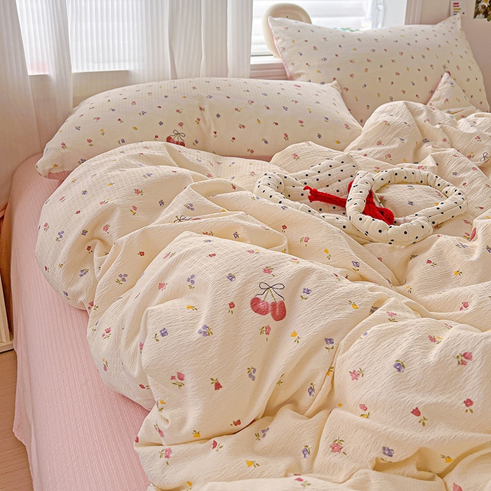 91家纺网 家纺一手货源 找家纺 一比一 2026新款云感皱皱双层纱四件套-简单款 恬趣-粉