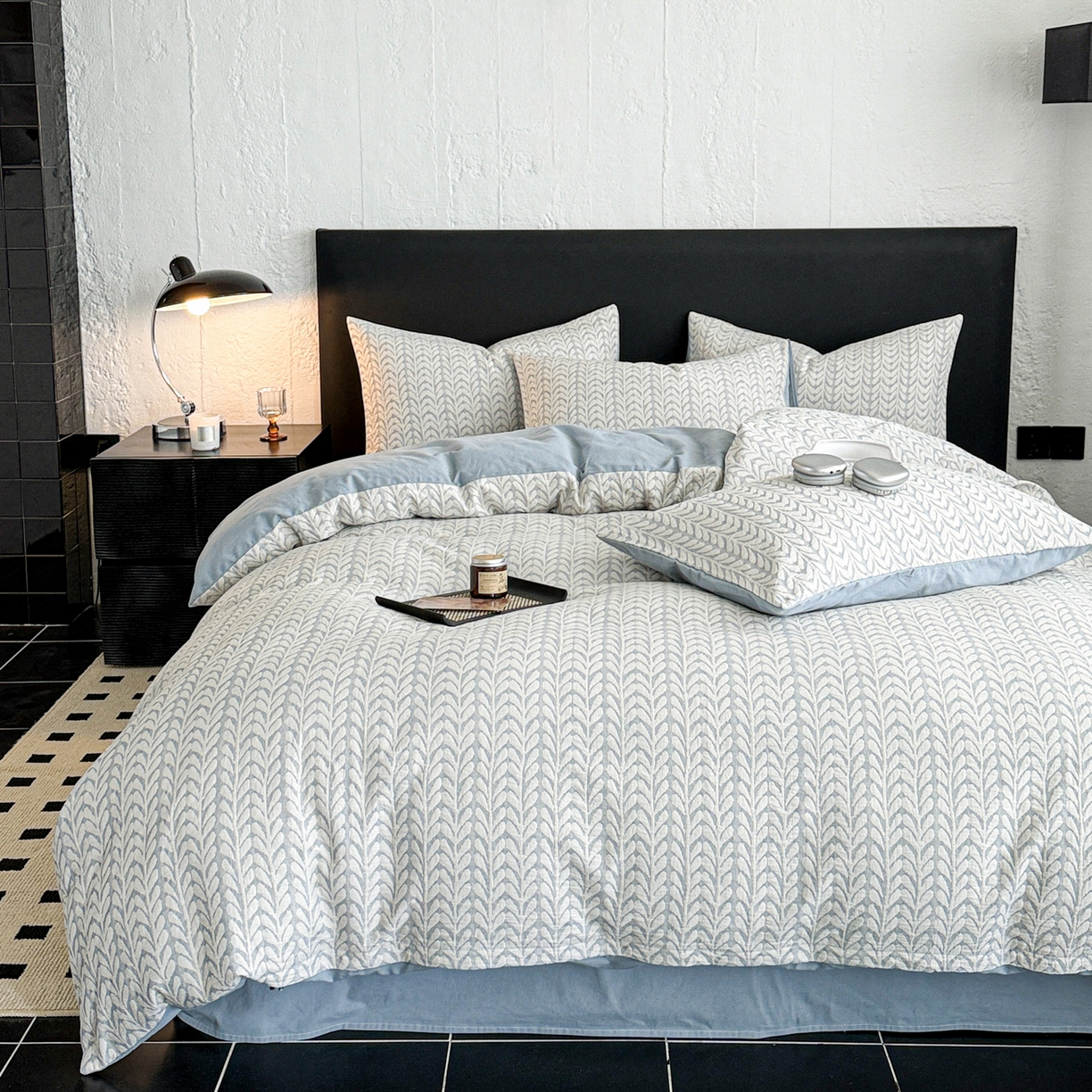 91家纺网 家纺一手货源 找家纺 眠博士 2025新款60s长绒棉纯棉提花磨毛四件套 提花磨毛套件-荞麦蓝