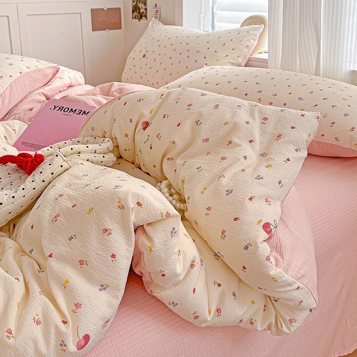 91家纺网 家纺一手货源 找家纺 一比一 2026新款云感皱皱双层纱四件套-简单款 恬趣-粉