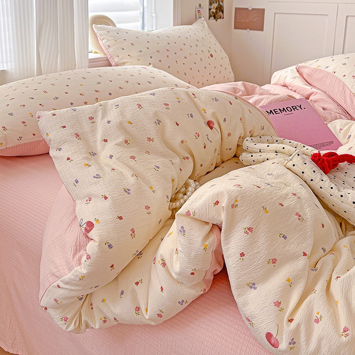 91家纺网 家纺一手货源 找家纺 一比一 2026新款云感皱皱双层纱四件套-简单款 恬趣-粉