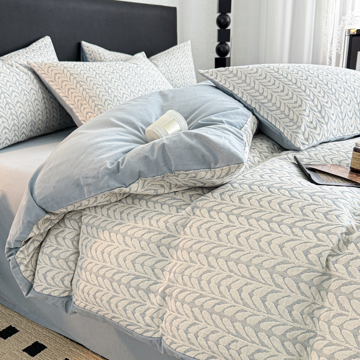 91家纺网 家纺一手货源 找家纺 眠博士 2025新款60s长绒棉纯棉提花磨毛四件套 提花磨毛套件-荞麦蓝