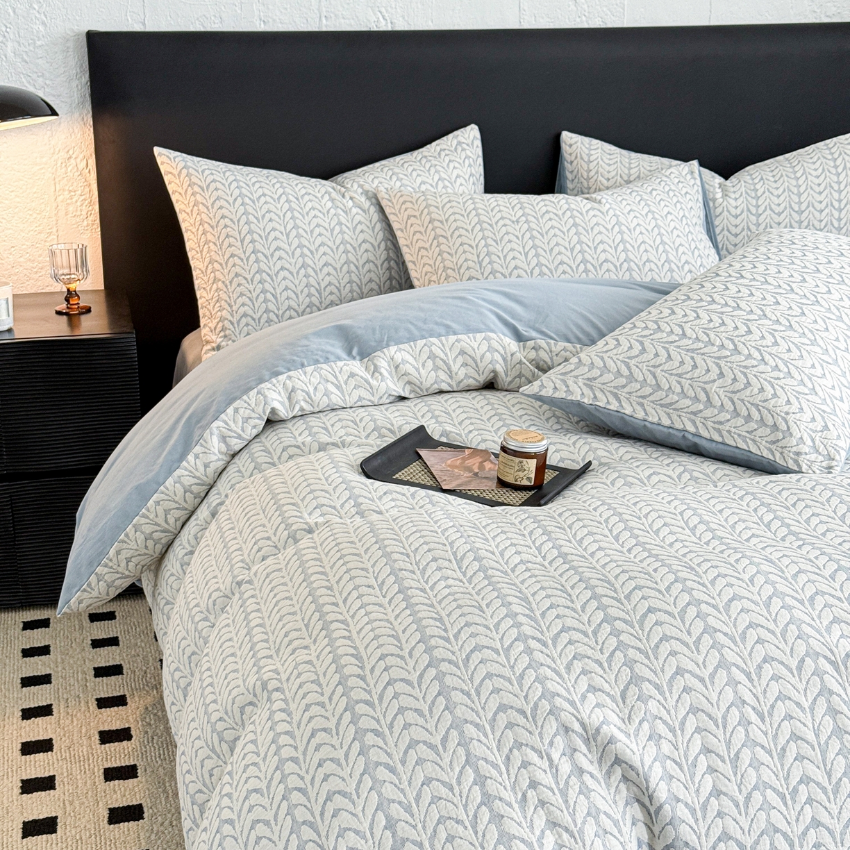 91家纺网 家纺一手货源 找家纺 眠博士 2025新款60s长绒棉纯棉提花磨毛四件套 提花磨毛套件-荞麦蓝