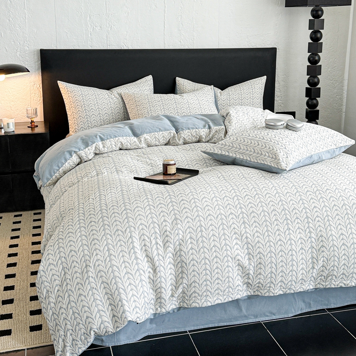 91家纺网 家纺一手货源 找家纺 眠博士 2025新款60s长绒棉纯棉提花磨毛四件套 提花磨毛套件-荞麦蓝