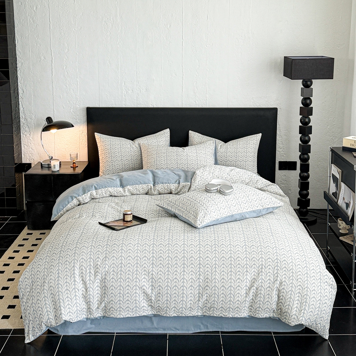 91家纺网 家纺一手货源 找家纺 眠博士 2025新款60s长绒棉纯棉提花磨毛四件套 提花磨毛套件-荞麦蓝