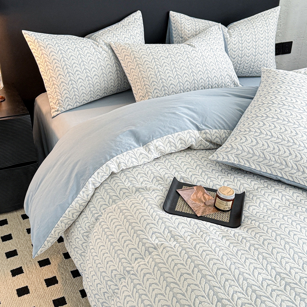 91家纺网 家纺一手货源 找家纺 眠博士 2025新款60s长绒棉纯棉提花磨毛四件套 提花磨毛套件-荞麦蓝