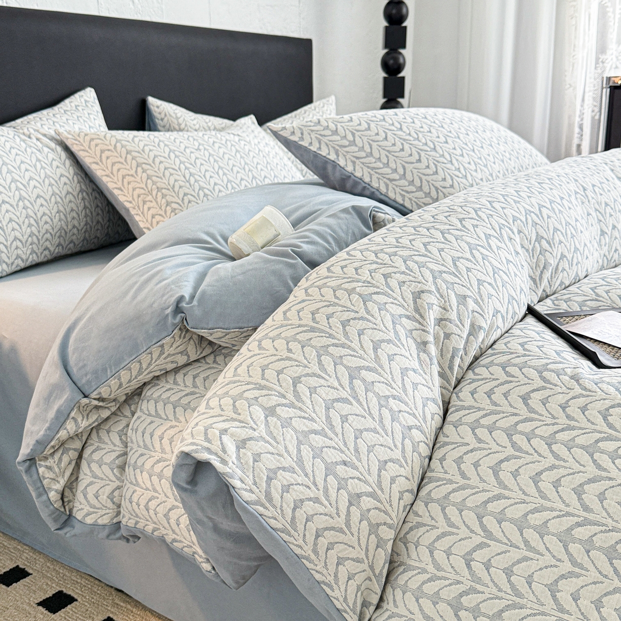 91家纺网 家纺一手货源 找家纺 眠博士 2025新款60s长绒棉纯棉提花磨毛四件套 提花磨毛套件-荞麦蓝