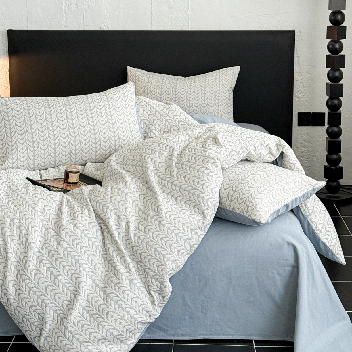 91家纺网 家纺一手货源 找家纺 眠博士 2025新款60s长绒棉纯棉提花磨毛四件套 提花磨毛套件-荞麦蓝