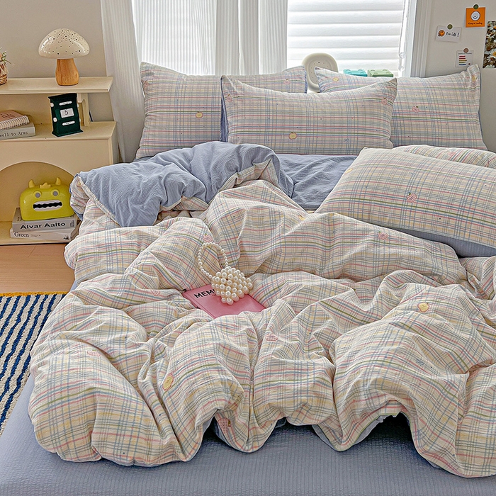 91家纺网 家纺一手货源 找家纺 一比一 2026新款云感皱皱双层纱四件套-简单款 小蓝格