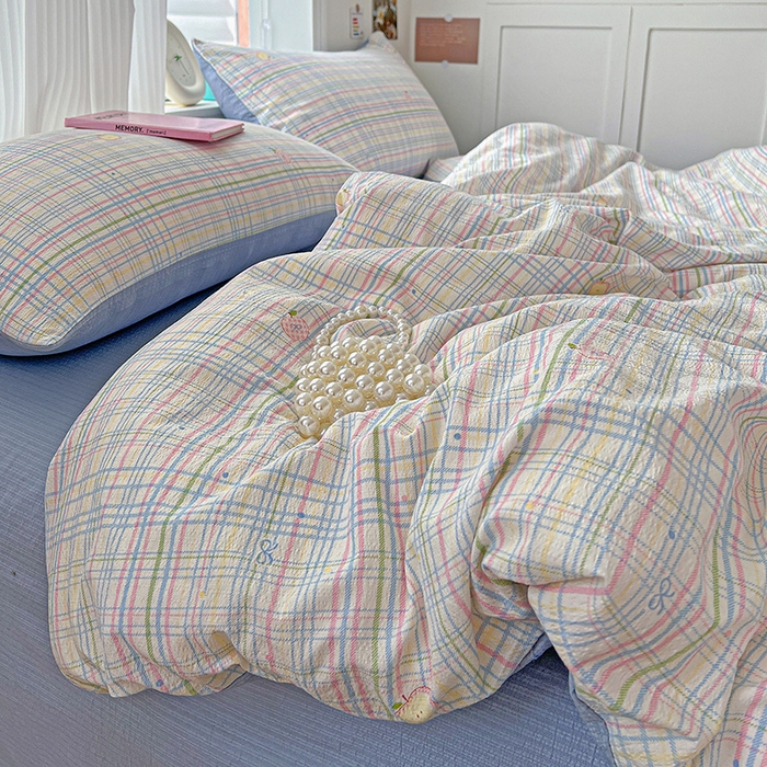 91家纺网 家纺一手货源 找家纺 一比一 2026新款云感皱皱双层纱四件套-简单款 小蓝格