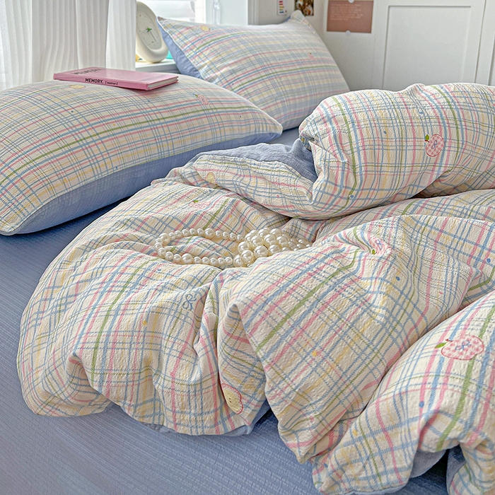 91家纺网 家纺一手货源 找家纺 一比一 2026新款云感皱皱双层纱四件套-简单款 小蓝格