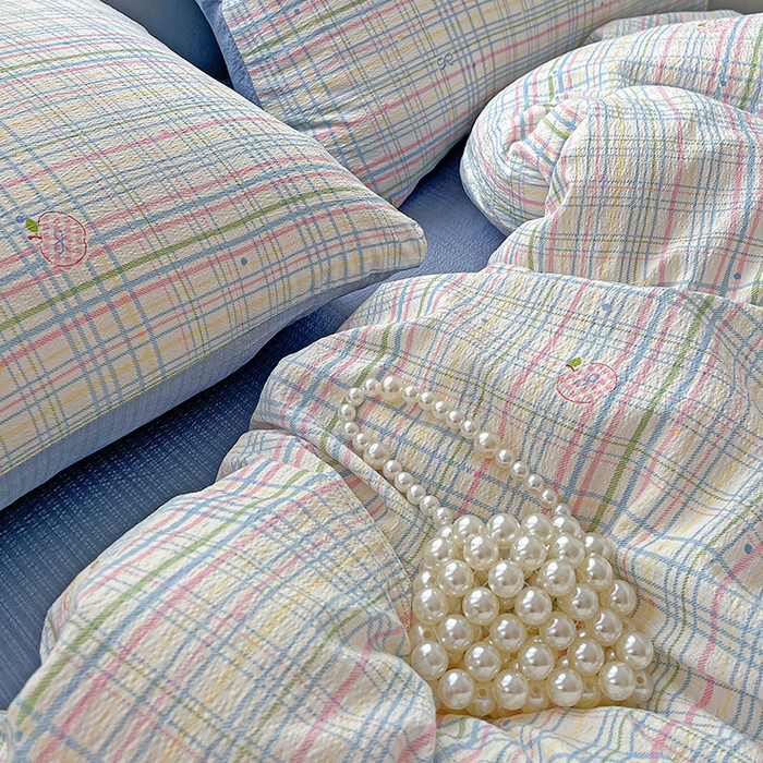 91家纺网 家纺一手货源 找家纺 一比一 2026新款云感皱皱双层纱四件套-简单款 小蓝格