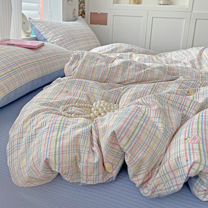 91家纺网 家纺一手货源 找家纺 一比一 2026新款云感皱皱双层纱四件套-简单款 小蓝格