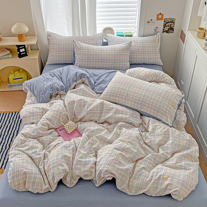 91家纺网 家纺一手货源 找家纺 一比一 2026新款云感皱皱双层纱四件套-简单款 小蓝格