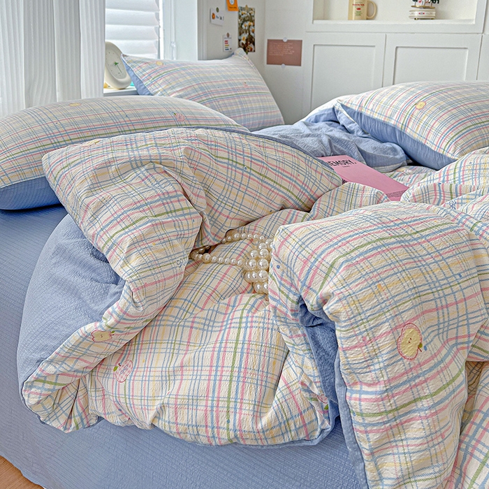 91家纺网 家纺一手货源 找家纺 一比一 2026新款云感皱皱双层纱四件套-简单款 小蓝格