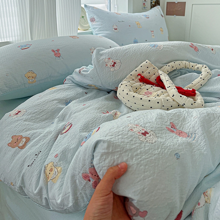 91家纺网 家纺一手货源 找家纺 一比一 2026新款云感皱皱双层纱四件套-简单款 小萌狗