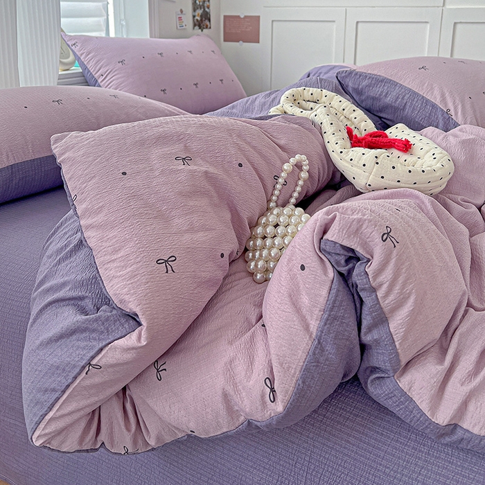 91家纺网 家纺一手货源 找家纺 一比一 2026新款云感皱皱双层纱四件套-简单款 心意紫