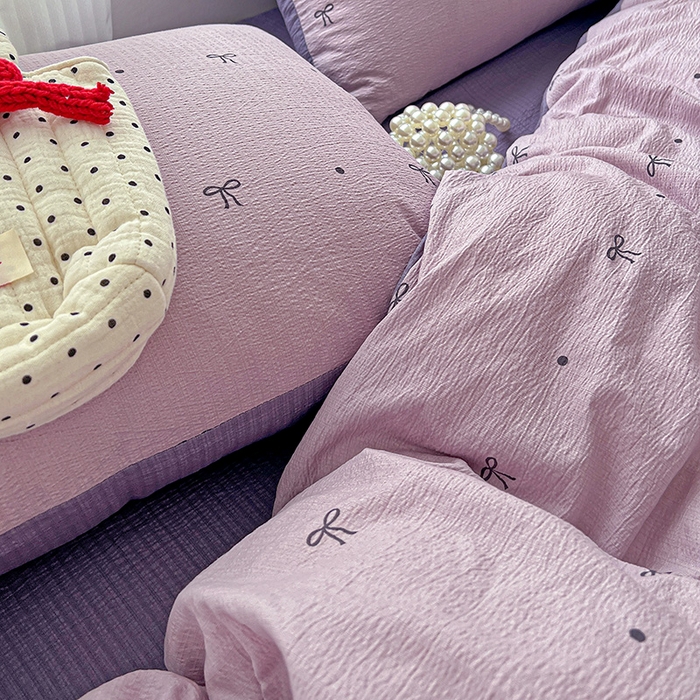 91家纺网 家纺一手货源 找家纺 一比一 2026新款云感皱皱双层纱四件套-简单款 心意紫