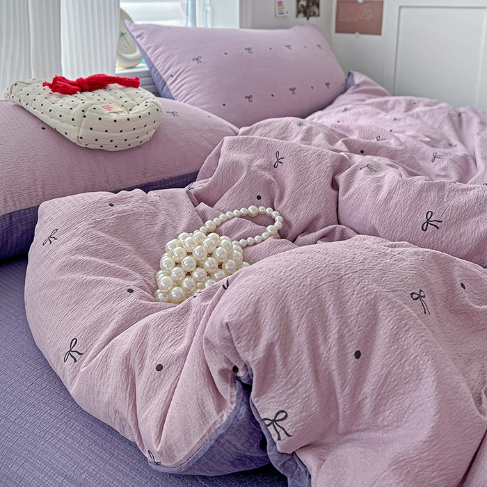 91家纺网 家纺一手货源 找家纺 一比一 2026新款云感皱皱双层纱四件套-简单款 心意紫