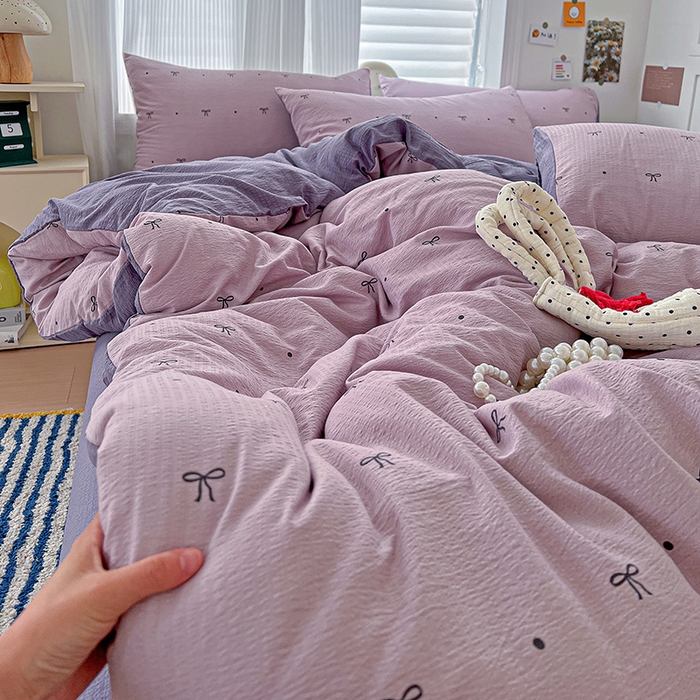 91家纺网 家纺一手货源 找家纺 一比一 2026新款云感皱皱双层纱四件套-简单款 心意紫