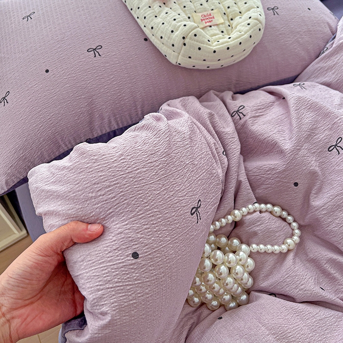 91家纺网 家纺一手货源 找家纺 一比一 2026新款云感皱皱双层纱四件套-简单款 心意紫