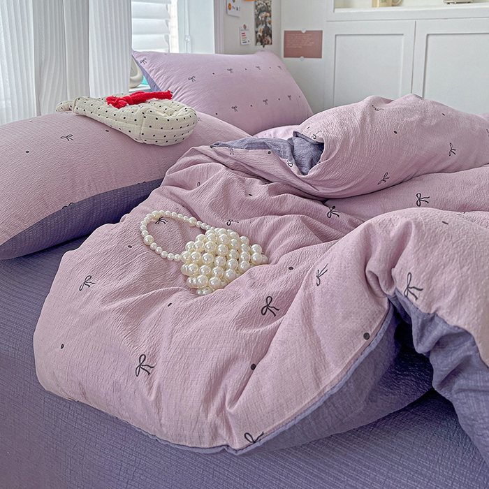 91家纺网 家纺一手货源 找家纺 一比一 2026新款云感皱皱双层纱四件套-简单款 心意紫