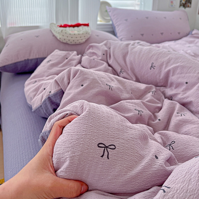 91家纺网 家纺一手货源 找家纺 一比一 2026新款云感皱皱双层纱四件套-简单款 心意紫