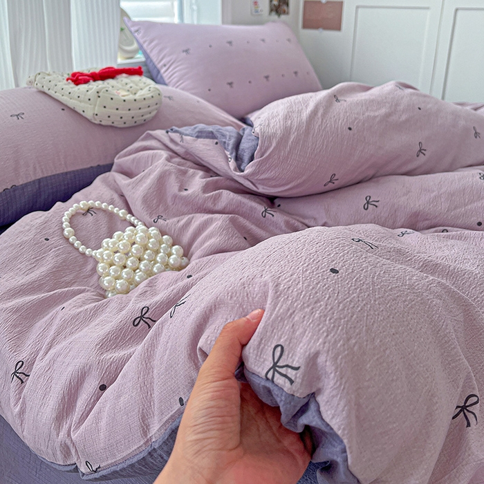 91家纺网 家纺一手货源 找家纺 一比一 2026新款云感皱皱双层纱四件套-简单款 心意紫