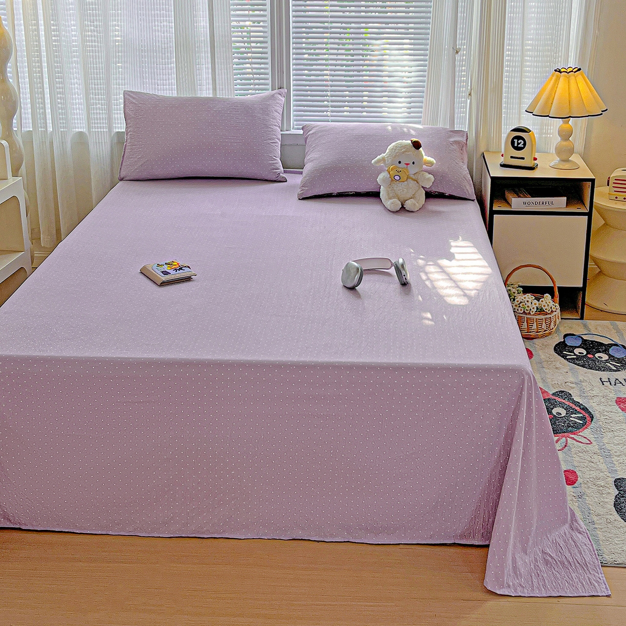 91家纺网 家纺一手货源 找家纺 格真 2025新款A类云感木棉皱皱双层纱床单单床单床单单品床单三件套 波点-丁香紫