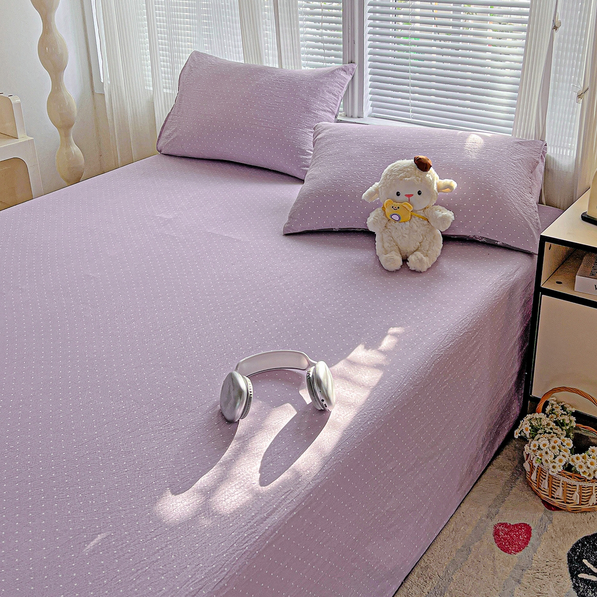 91家纺网 家纺一手货源 找家纺 格真 2025新款A类云感木棉皱皱双层纱床单单床单床单单品床单三件套 波点-丁香紫