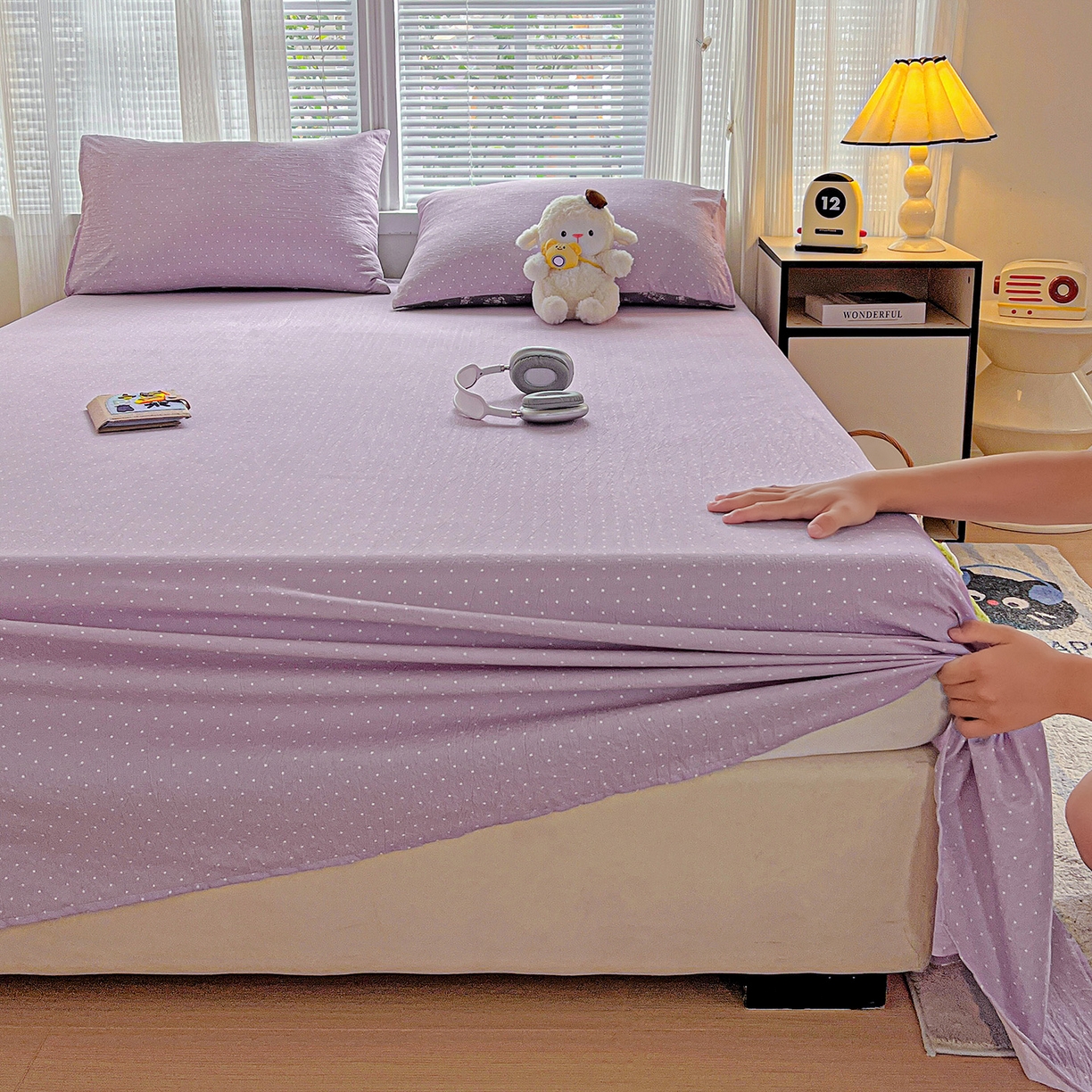 91家纺网 家纺一手货源 找家纺 格真 2025新款A类云感木棉皱皱双层纱床单单床单床单单品床单三件套 波点-丁香紫