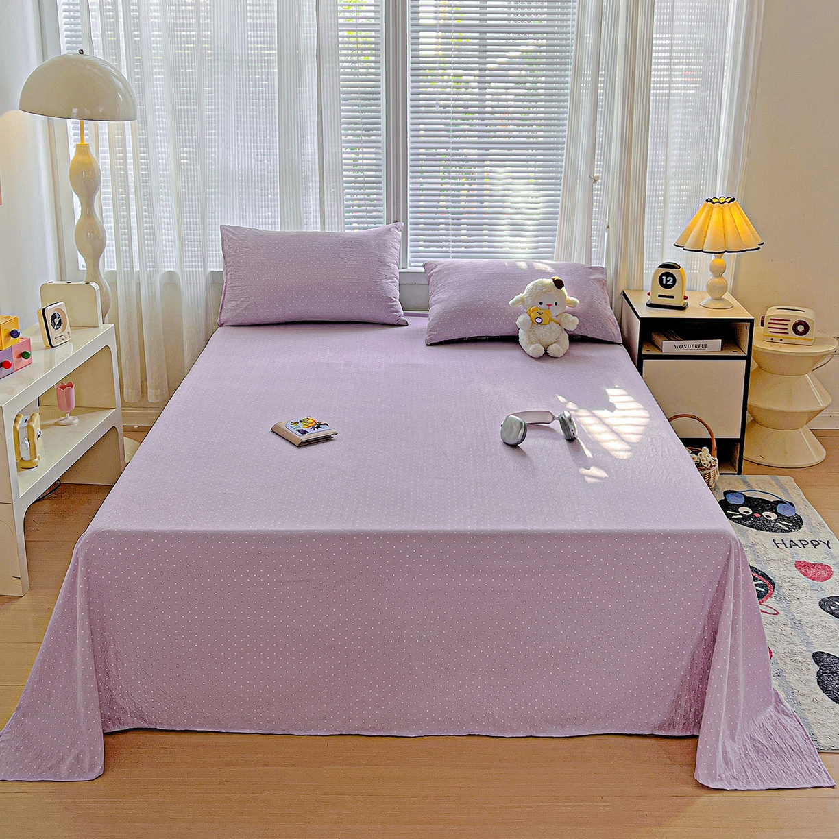 91家纺网 家纺一手货源 找家纺 格真 2025新款A类云感木棉皱皱双层纱床单单床单床单单品床单三件套 波点-丁香紫