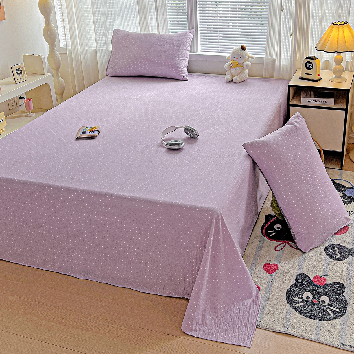 91家纺网 家纺一手货源 找家纺 格真 2025新款A类云感木棉皱皱双层纱床单单床单床单单品床单三件套 波点-丁香紫