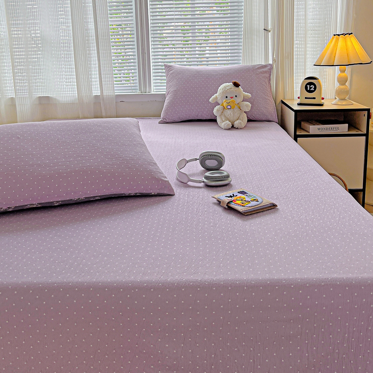 91家纺网 家纺一手货源 找家纺 格真 2025新款A类云感木棉皱皱双层纱床单单床单床单单品床单三件套 波点-丁香紫