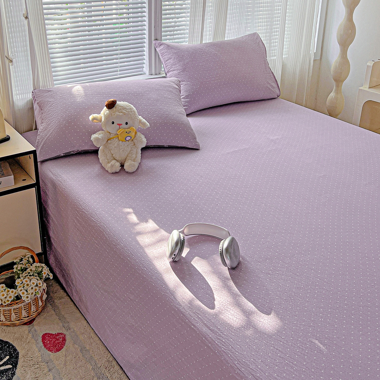 91家纺网 家纺一手货源 找家纺 格真 2025新款A类云感木棉皱皱双层纱床单单床单床单单品床单三件套 波点-丁香紫