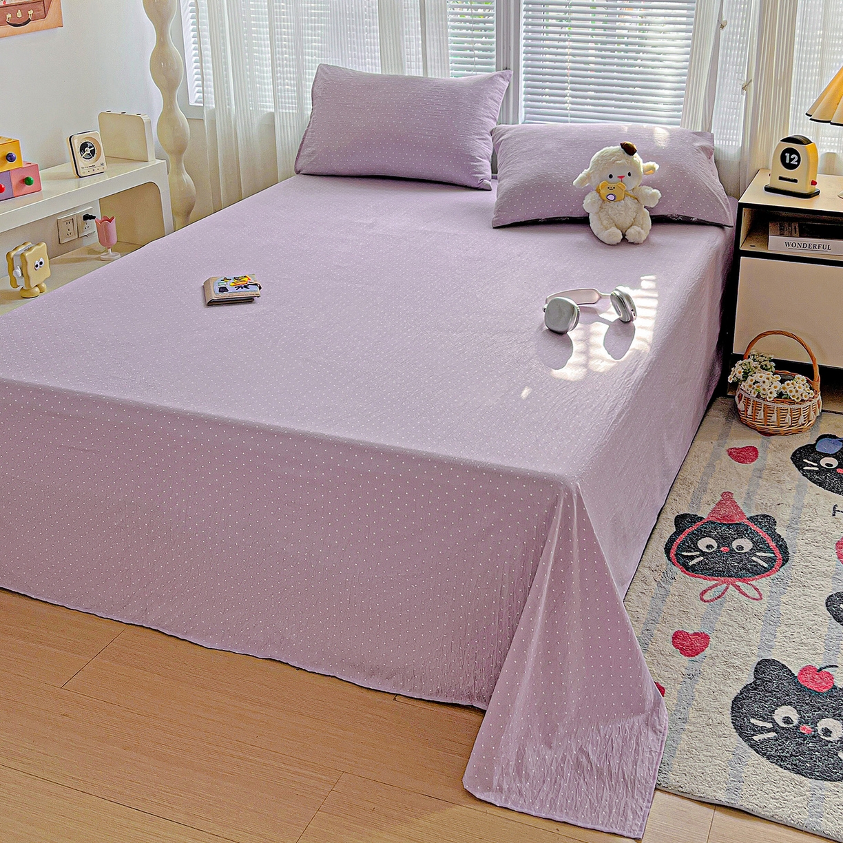 91家纺网 家纺一手货源 找家纺 格真 2025新款A类云感木棉皱皱双层纱床单单床单床单单品床单三件套 波点-丁香紫