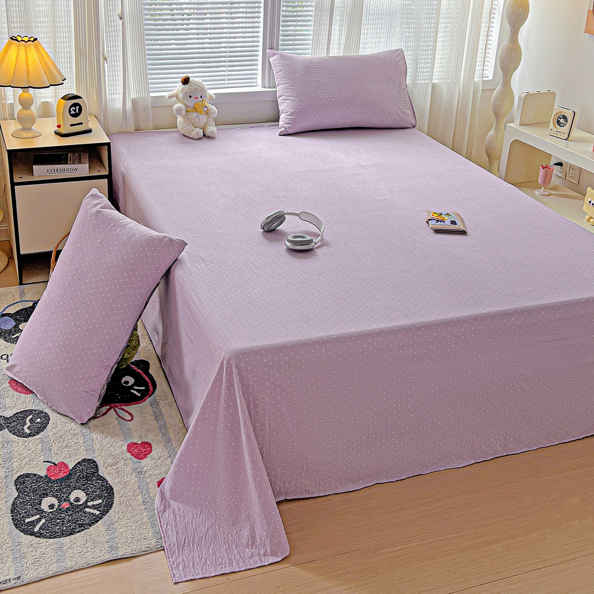 91家纺网 家纺一手货源 找家纺 格真 2025新款A类云感木棉皱皱双层纱床单单床单床单单品床单三件套 波点-丁香紫