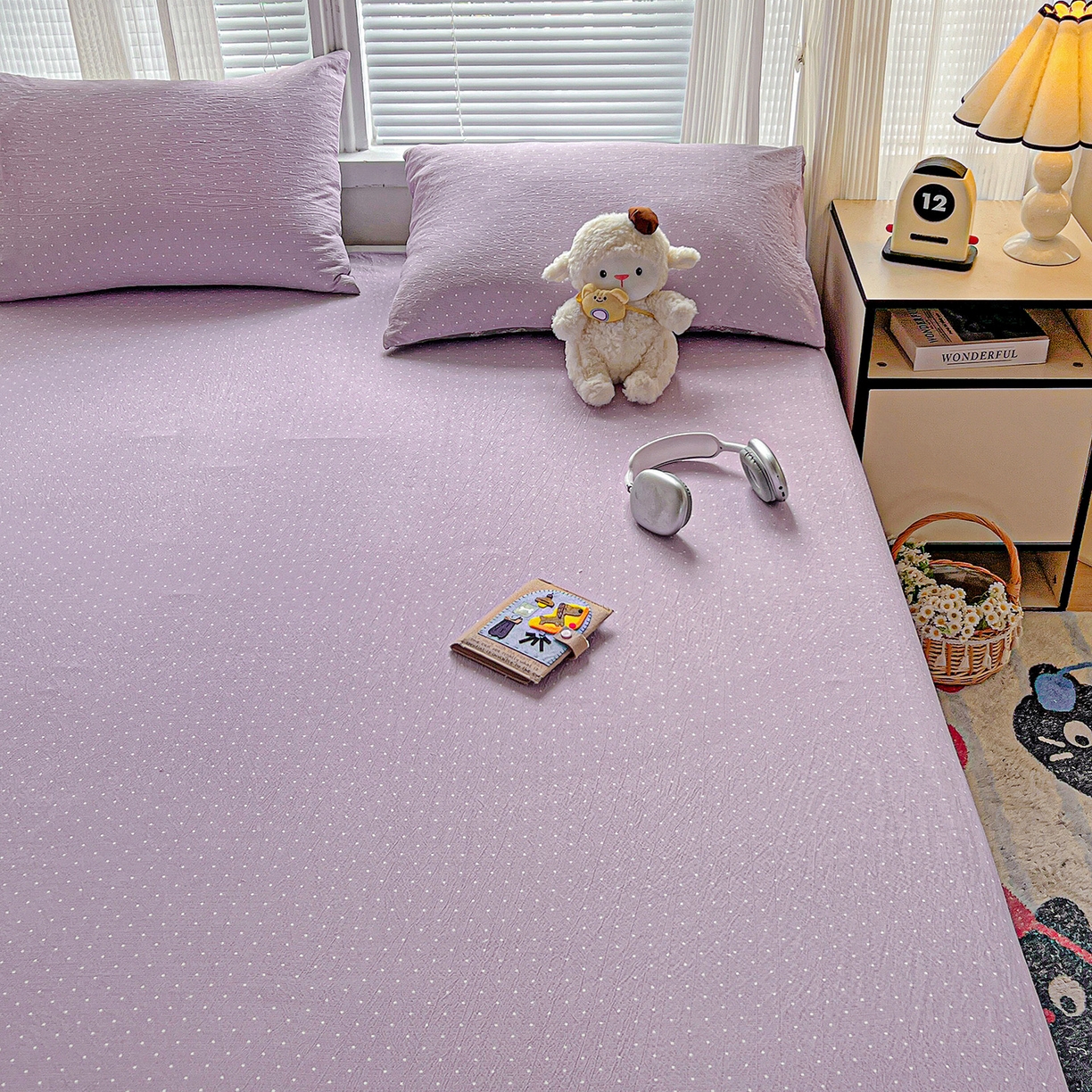 91家纺网 家纺一手货源 找家纺 格真 2025新款A类云感木棉皱皱双层纱床单单床单床单单品床单三件套 波点-丁香紫