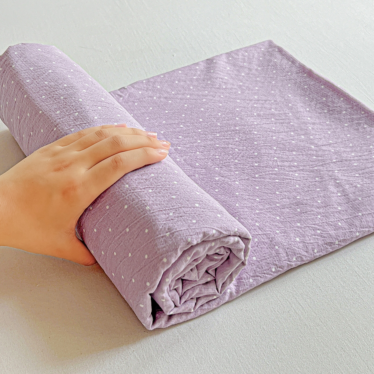 91家纺网 家纺一手货源 找家纺 格真 2025新款A类云感木棉皱皱双层纱床单单床单床单单品床单三件套 波点-丁香紫