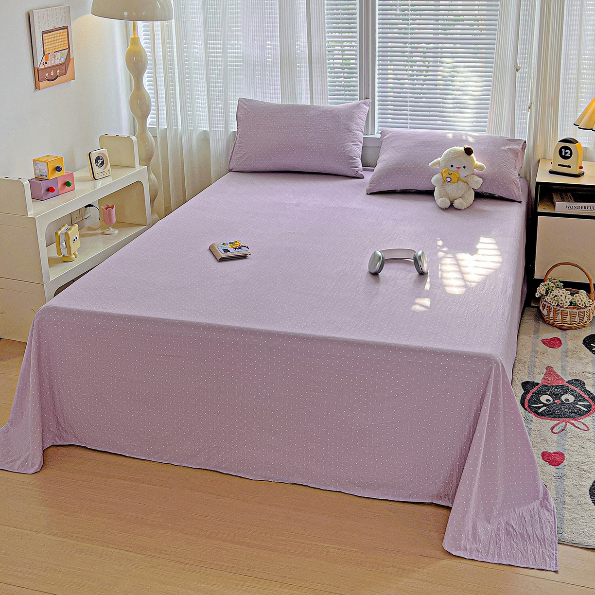 91家纺网 家纺一手货源 找家纺 格真 2025新款A类云感木棉皱皱双层纱床单单床单床单单品床单三件套 波点-丁香紫