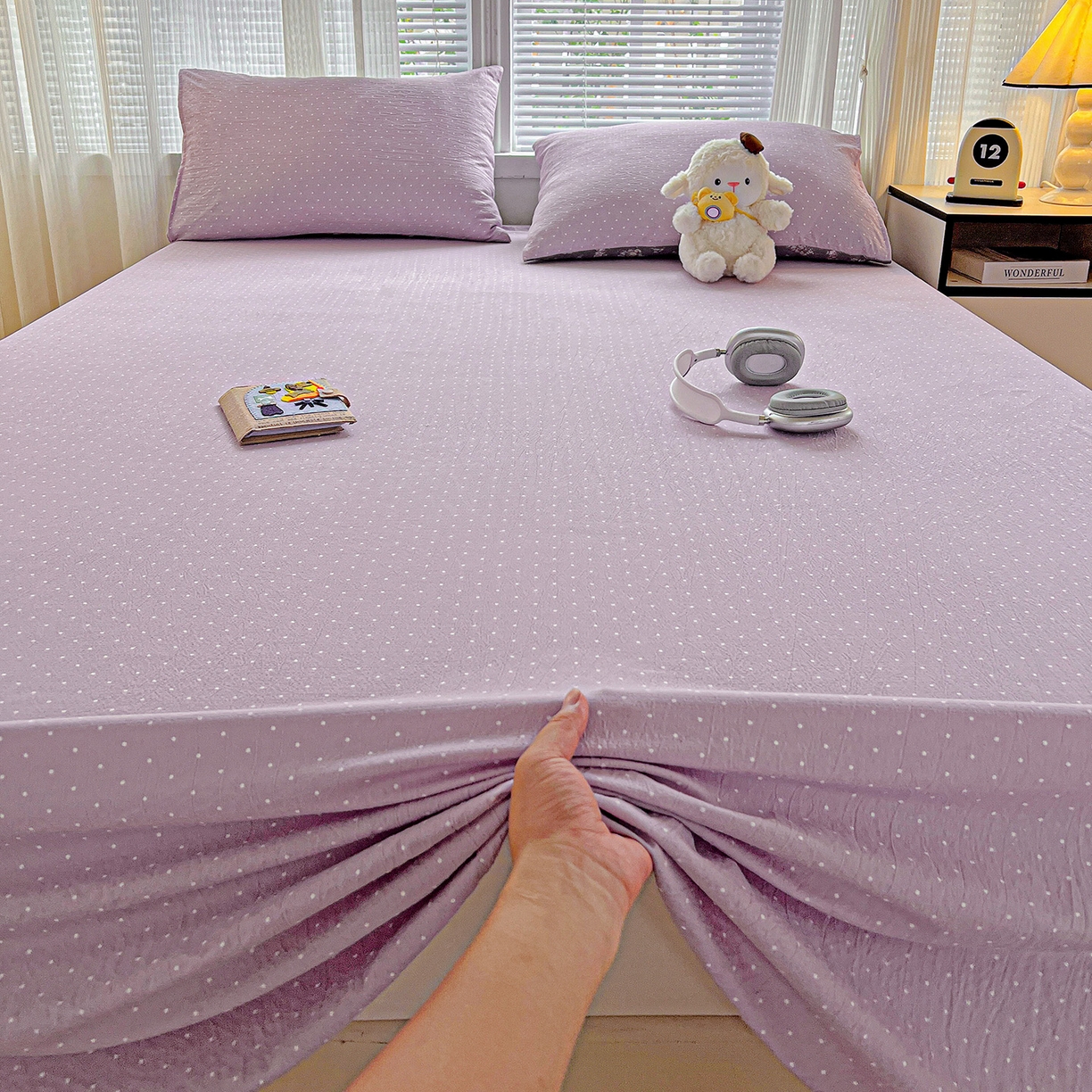 91家纺网 家纺一手货源 找家纺 格真 2025新款A类云感木棉皱皱双层纱床单单床单床单单品床单三件套 波点-丁香紫