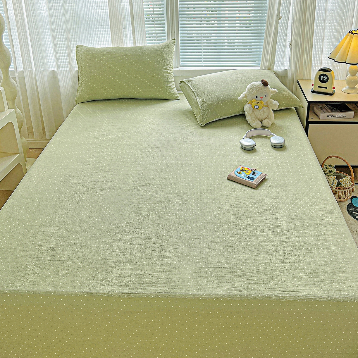 91家纺网 家纺一手货源 找家纺 格真 2025新款A类云感木棉皱皱双层纱床单单床单床单单品床单三件套 波点-抹茶绿