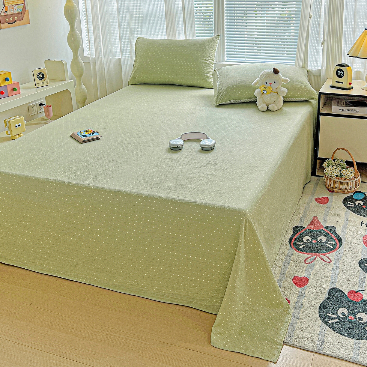 91家纺网 家纺一手货源 找家纺 格真 2025新款A类云感木棉皱皱双层纱床单单床单床单单品床单三件套 波点-抹茶绿