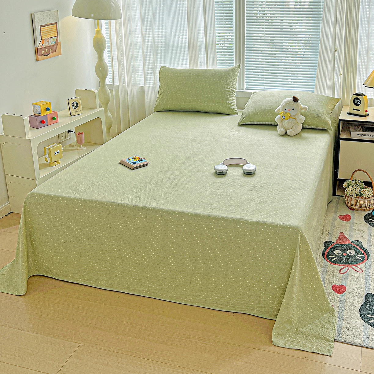 91家纺网 家纺一手货源 找家纺 格真 2025新款A类云感木棉皱皱双层纱床单单床单床单单品床单三件套 波点-抹茶绿