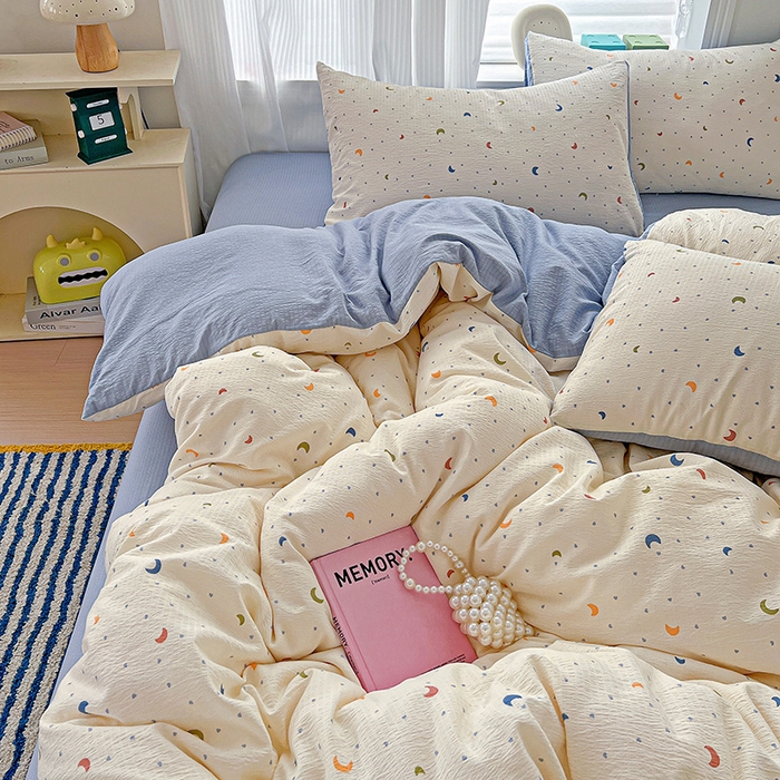 91家纺网 家纺一手货源 找家纺 一比一 2026新款云感皱皱双层纱四件套-简单款 星空蓝