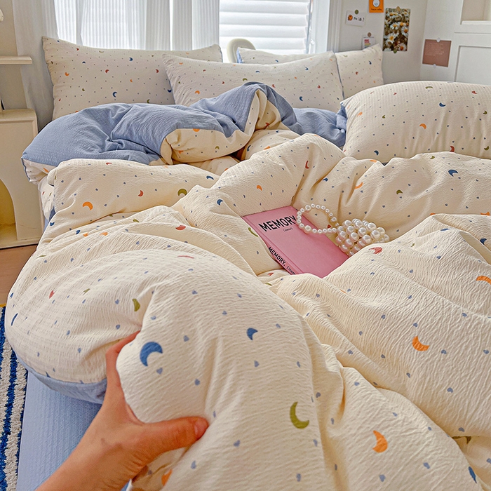 91家纺网 家纺一手货源 找家纺 一比一 2026新款云感皱皱双层纱四件套-简单款 星空蓝