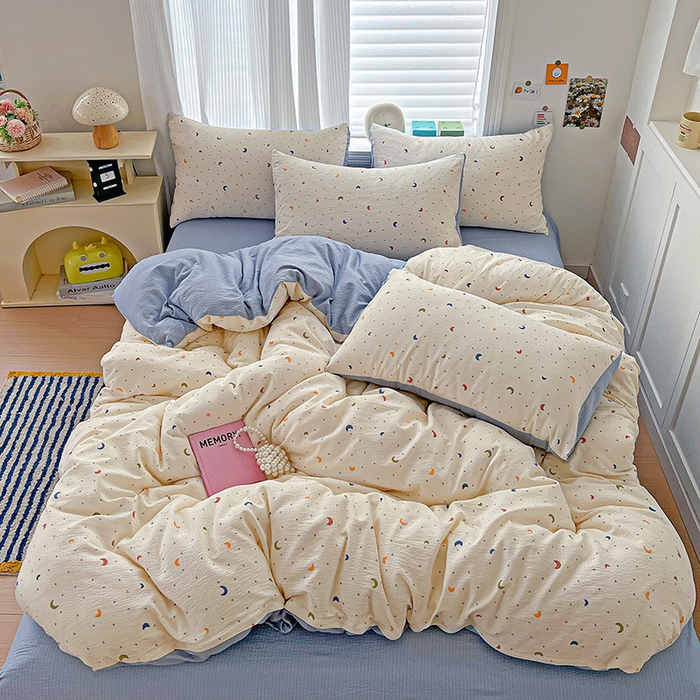 91家纺网 家纺一手货源 找家纺 一比一 2026新款云感皱皱双层纱四件套-简单款 星空蓝